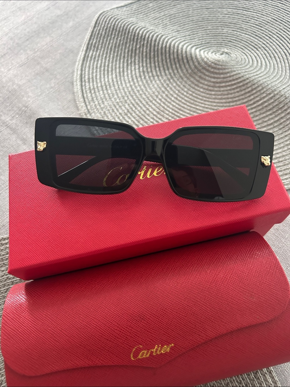 Cartier Black Rectangular Sunglasses with Gold Panther Accents